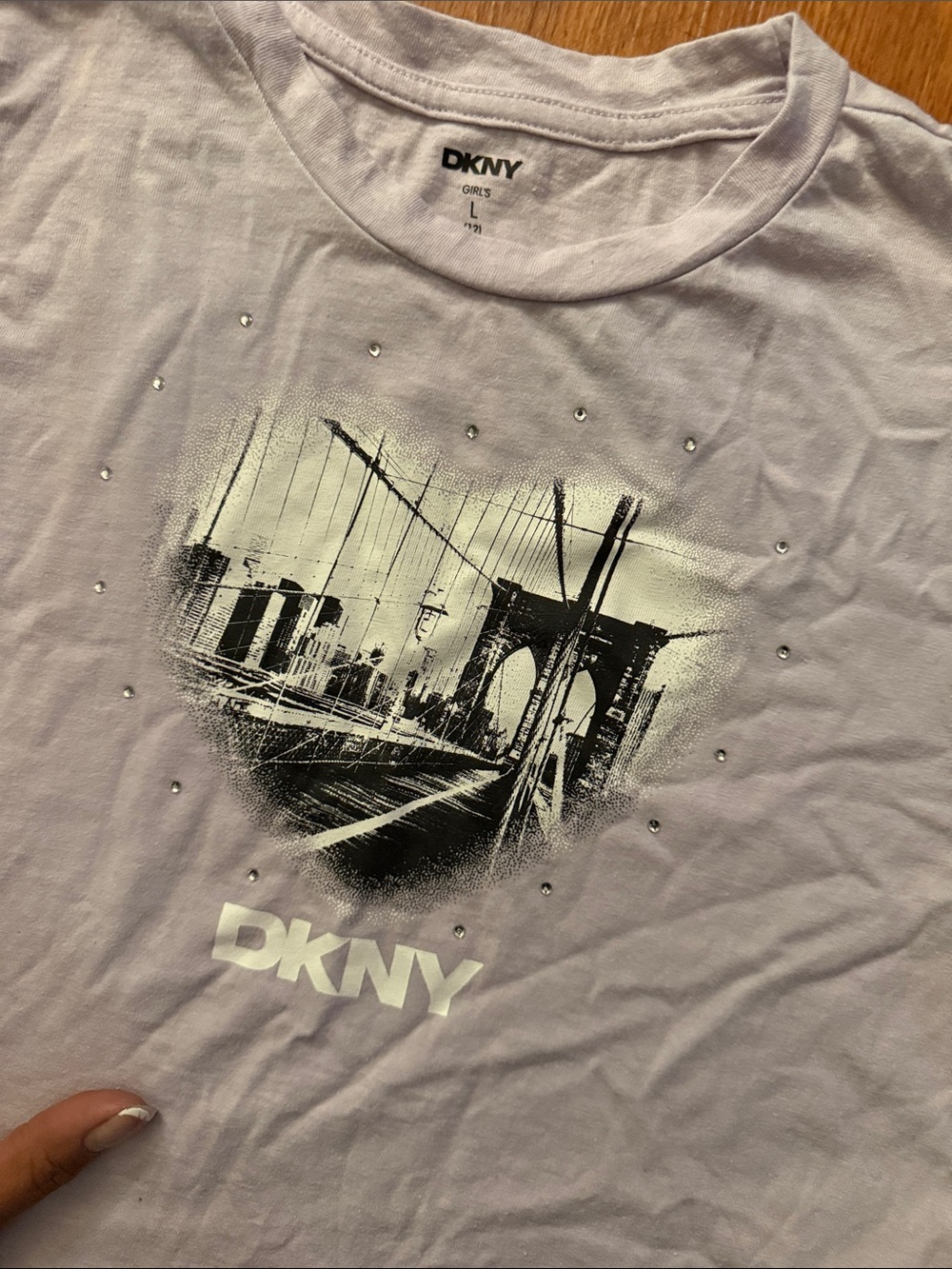 DKNY Girls Lavender Graphic Tee with Bridge Print and Rhinestones